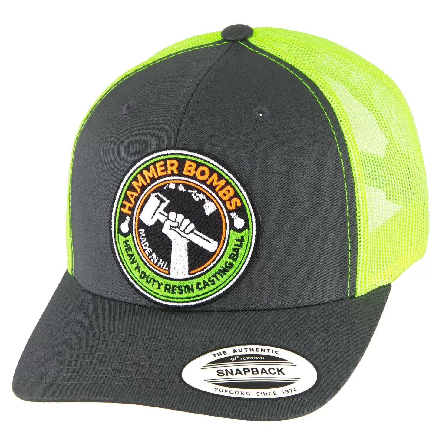 Hifishgear HammerBombs® Charcoal / Neon Green Classic Snapback Trucker Hat