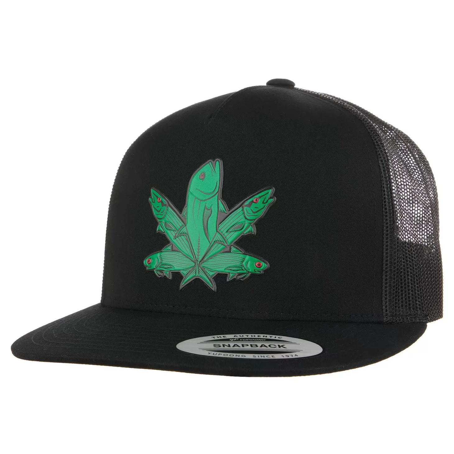 HiFishGear HFG - Green Fish Black Snapback Flatbill Trucker Hat