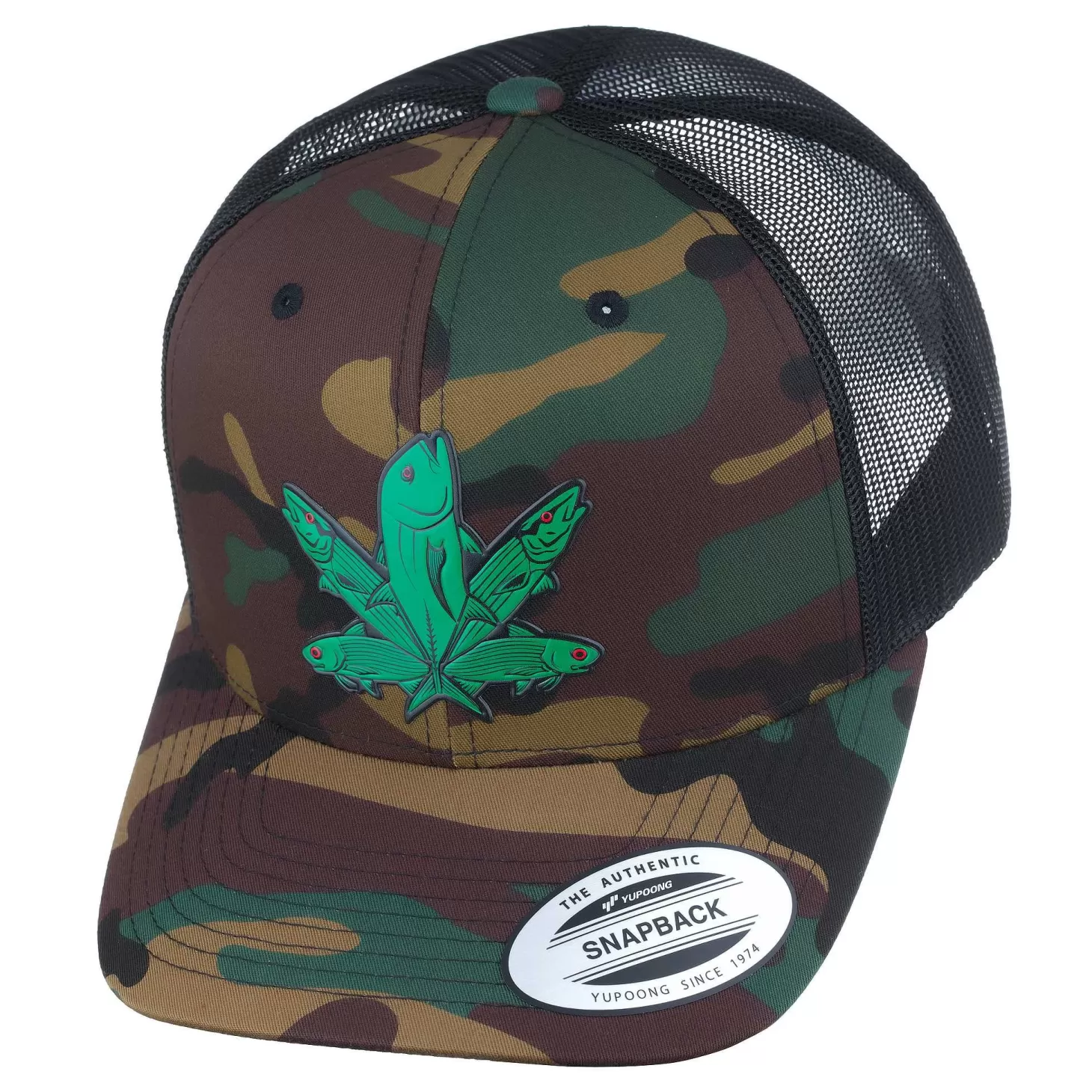 HiFishGear HFG - Green Fish Camo/Black Snapback Classic Trucker Hat