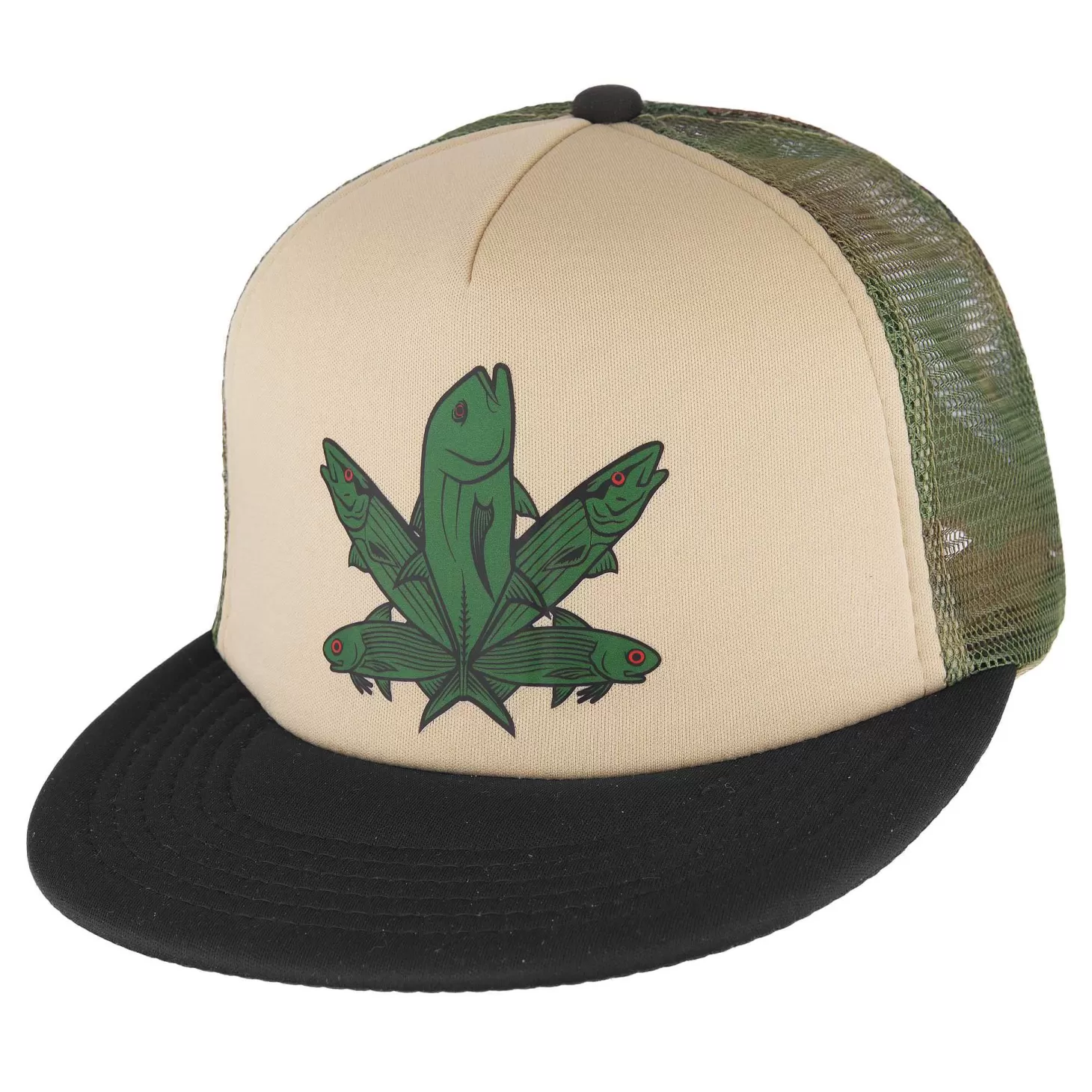 Hifishgear HFG - Green Fish Camo/Tan/Black Flatbill Trucker Hat