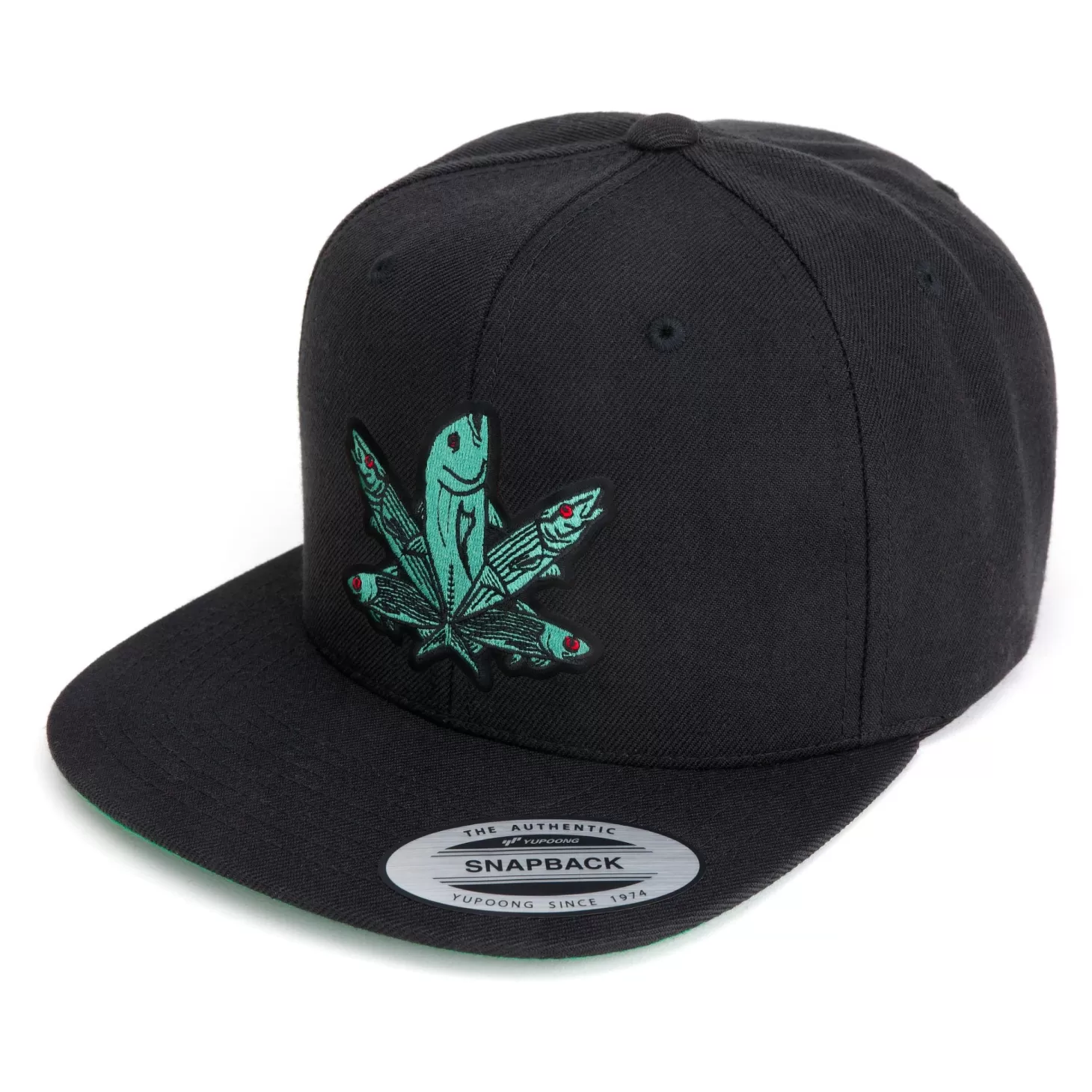 Hifishgear HFG - Green Fish Embroidered Black Snapback Flatbill Hat