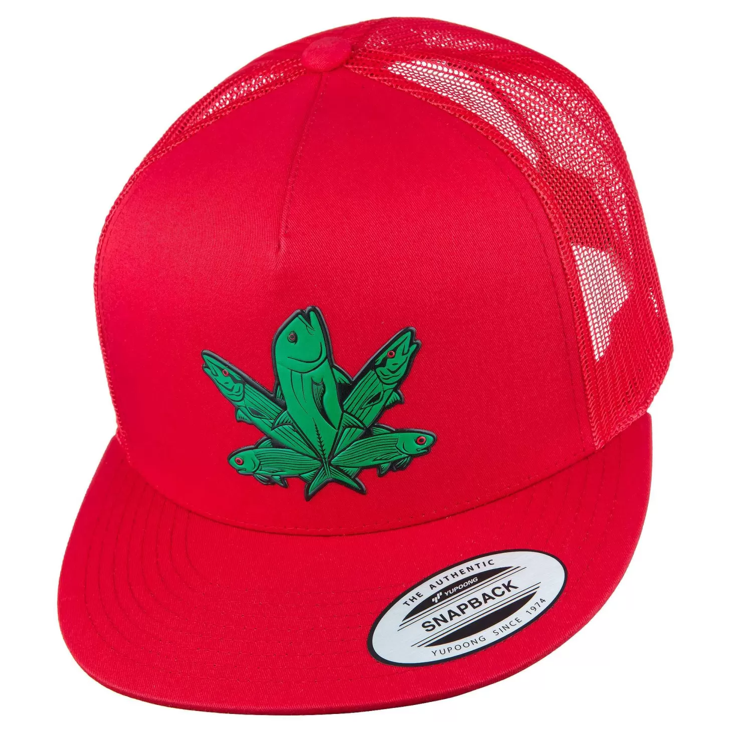 HiFishGear HFG - Green Fish Red Snapback Flatbill Trucker Hat