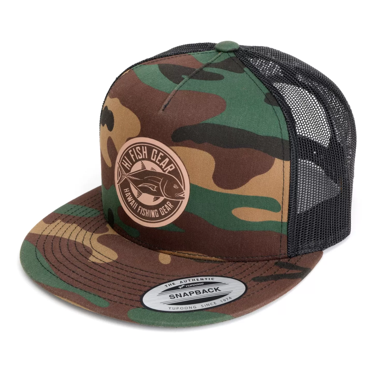 Hifishgear HFG - Ulua Leather Camo/Black Flatbill Trucker Hat