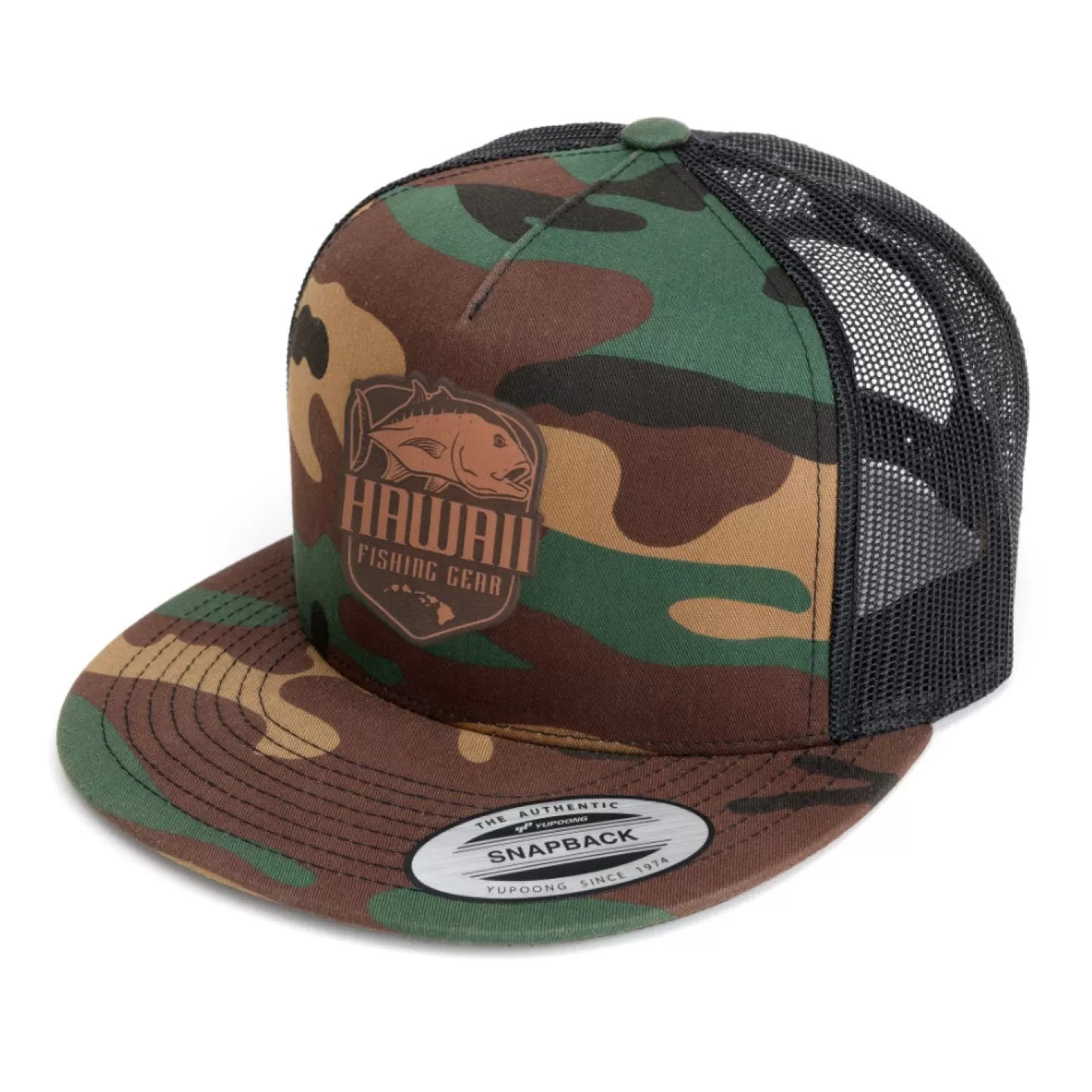 Hifishgear HFG - Ulua Leather Shield Camo/Black Flatbill Trucker Hat