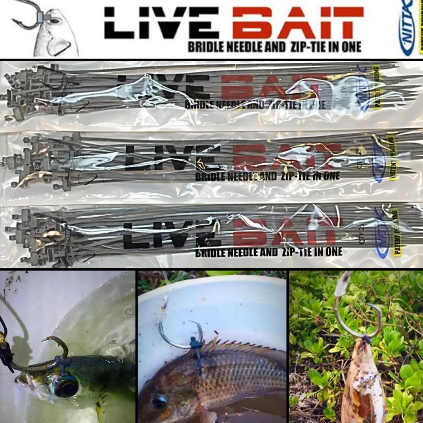 Nitta Fishing 3 Pack - Nitta Live Bait Bridle Needle And Zip-Tie In One Gen 2 (60 Pieces)