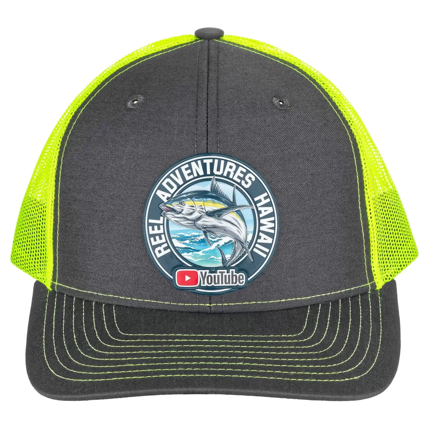 HiFishGear Reel Adventures Hawaii Charcoal/ Neon Green Snapback Trucker Hat